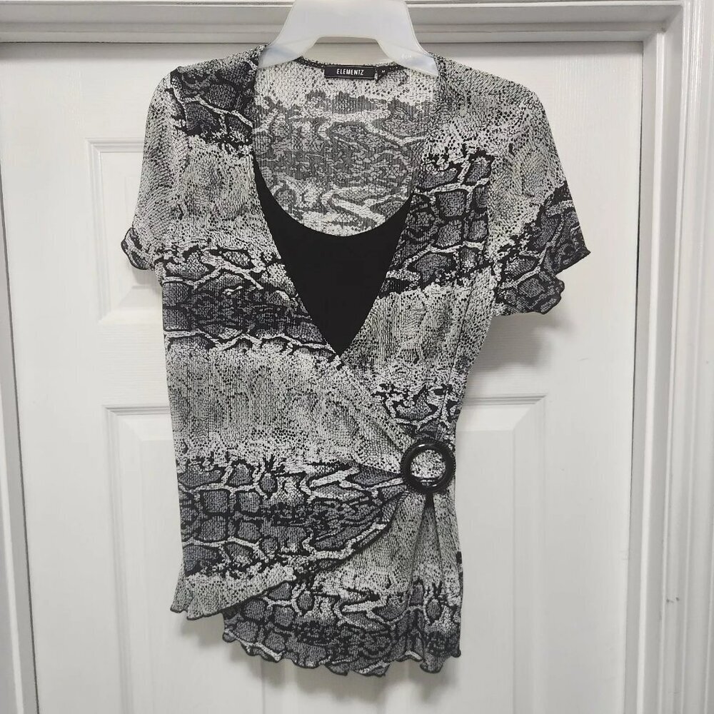 Elementz Women's Short Sleeve Cross Front Tunic Top With Built In Tank Medium